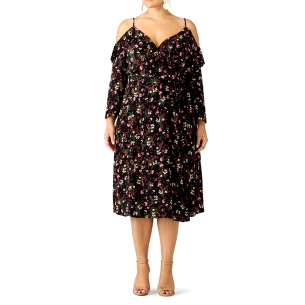 City Chic L/20 Spaghetti Strap Wrap Dress Sleeves Ruffled Black Pink Floral B45"